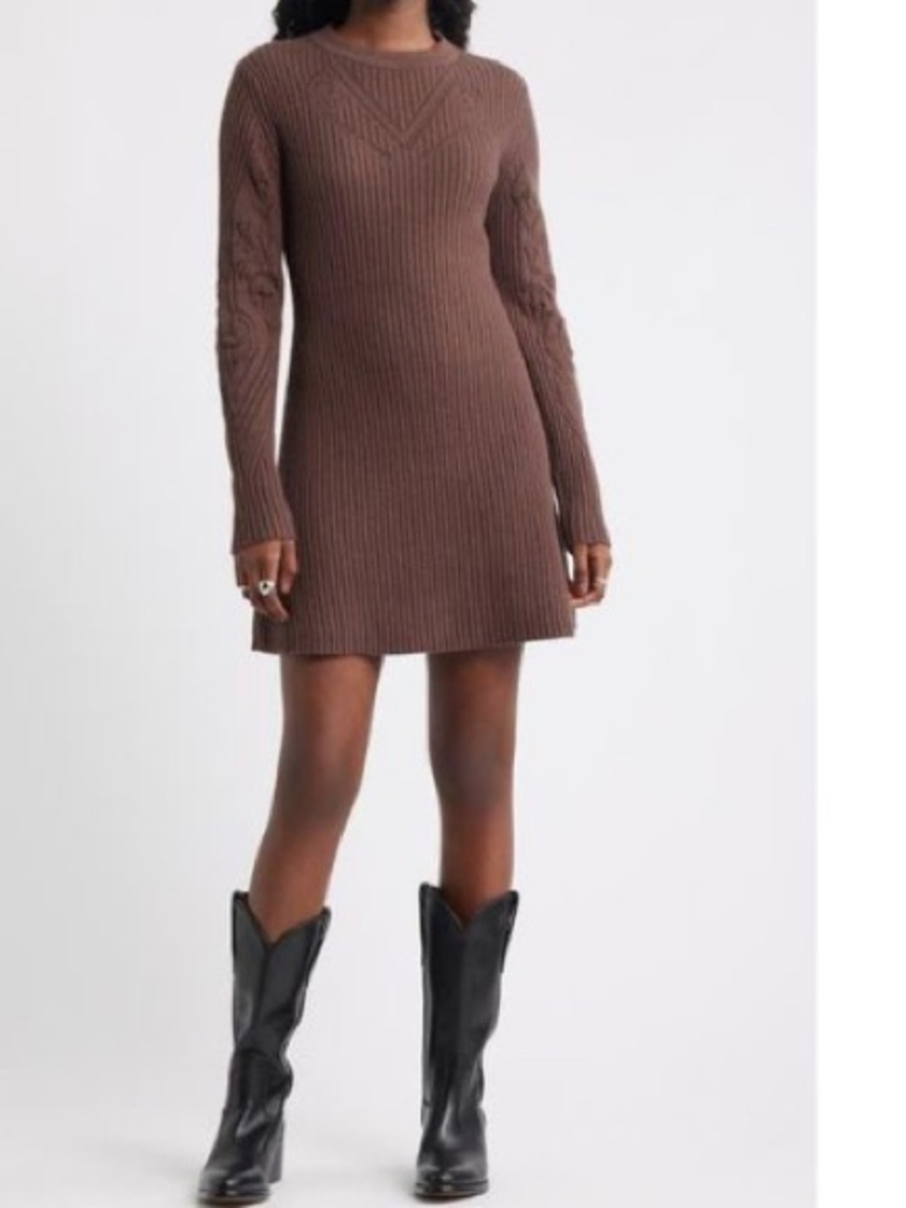 Treasure & Bond Chocolate Brown Ribbed Long-Sleeve Knit Dress